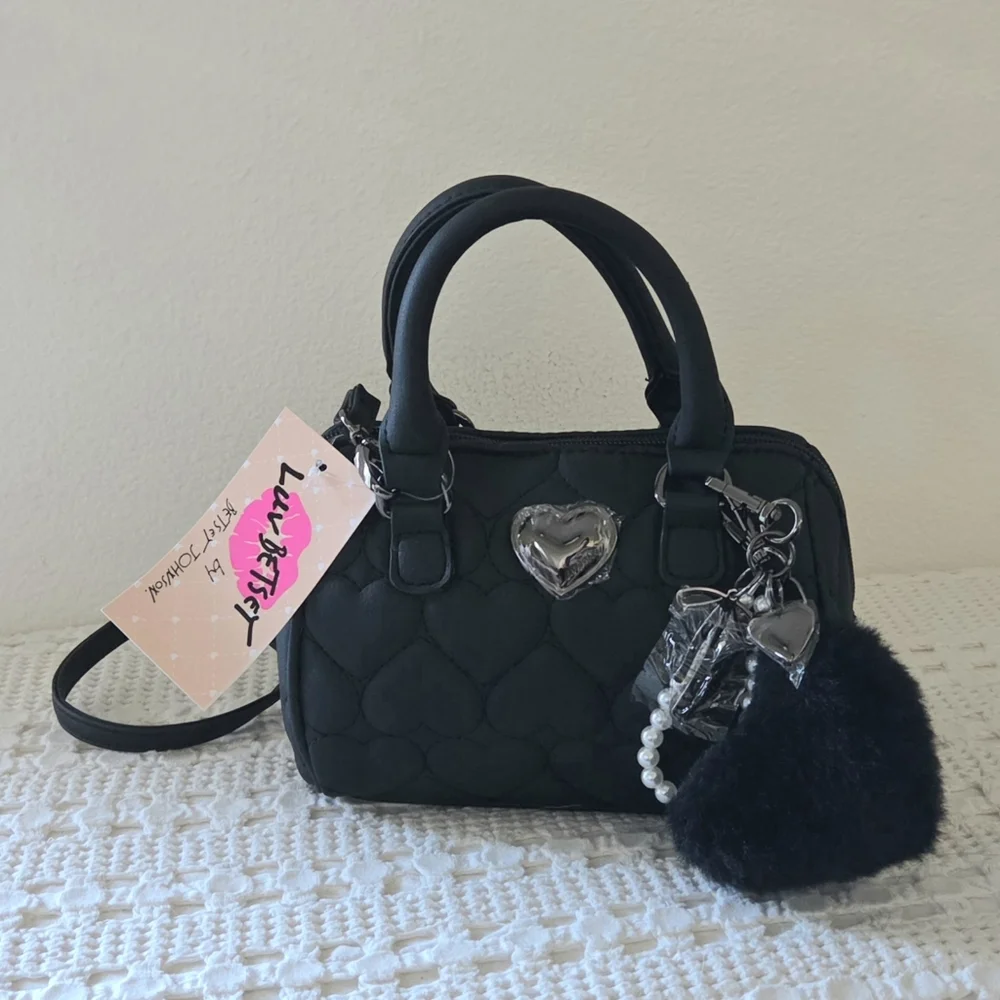 Luv Betsy By Betsy Johnson Black Heart Quilted Barrel Satchel Crossbody Bag